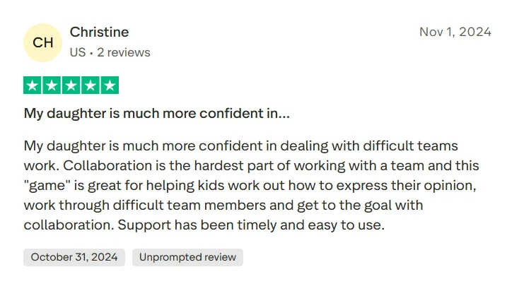 Synthesis Tutor Trustpilot review showing feedback about confidence, teamwork, and weekly parent updates