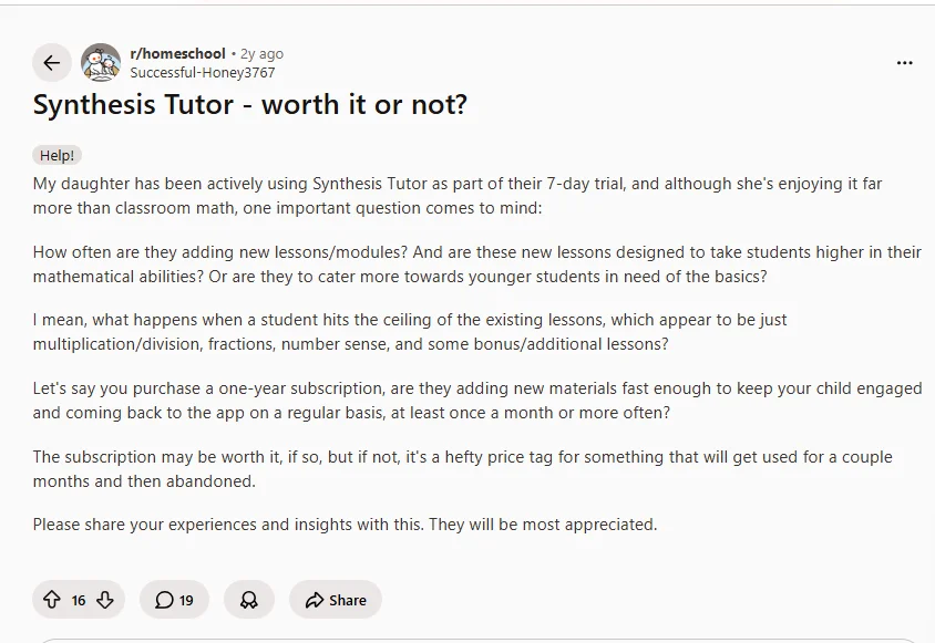 Reddit thread asking whether Synthesis Tutor is worth it and whether new lessons are added often