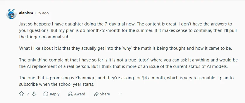 Reddit discussion saying Synthesis Tutor has good content but is not a true human tutor