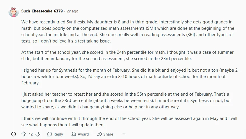 Reddit review discussing a child’s math percentile improvement after using Synthesis Tutor