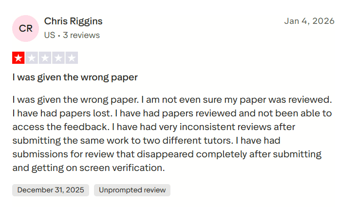 tutor.com reviews - Wrong paper and feedback