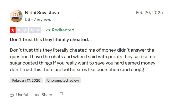 Negative TutorBin Trustpilot review warning students about money and communication issues