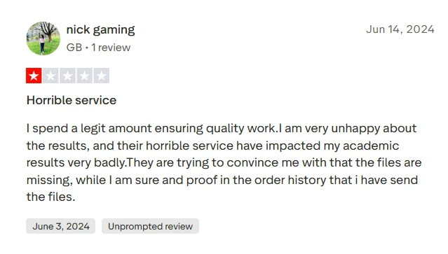 Negative TutorBin review mentioning account activation delays and repeated non-response