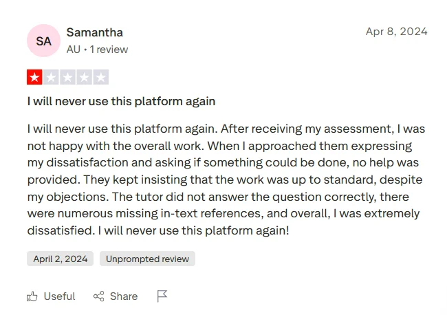 Negative TutorBin Trustpilot review about tutoring payment issue and refund concern