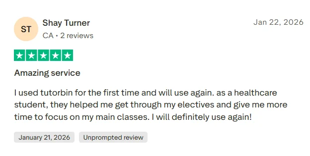 Positive TutorBin review praising customer service and fast delivery before deadlines