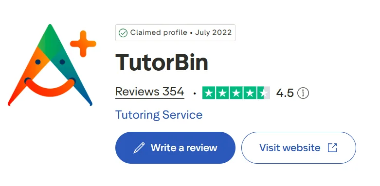 TutorBin Trustpilot profile showing 4.5 rating from 354 reviews