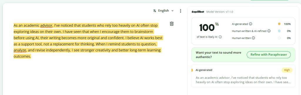 Second QuillBot AI Detector test showing 100 percent AI for ChatGPT content