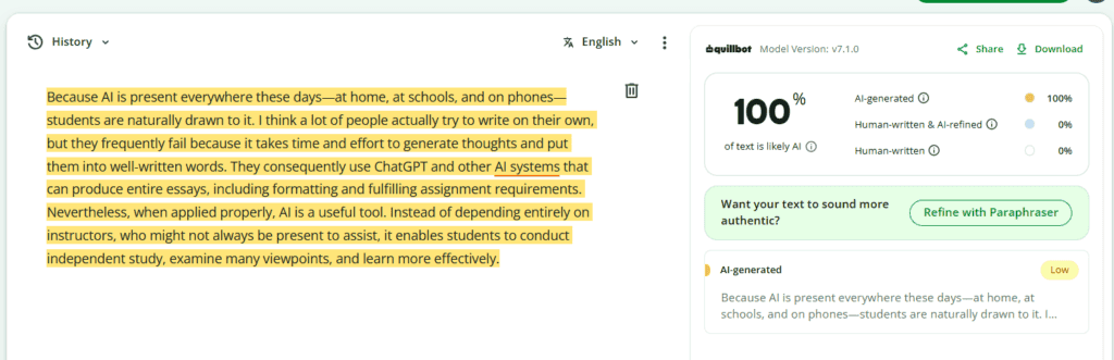 QuillBot AI Detector marking paraphrased content as 100 percent AI