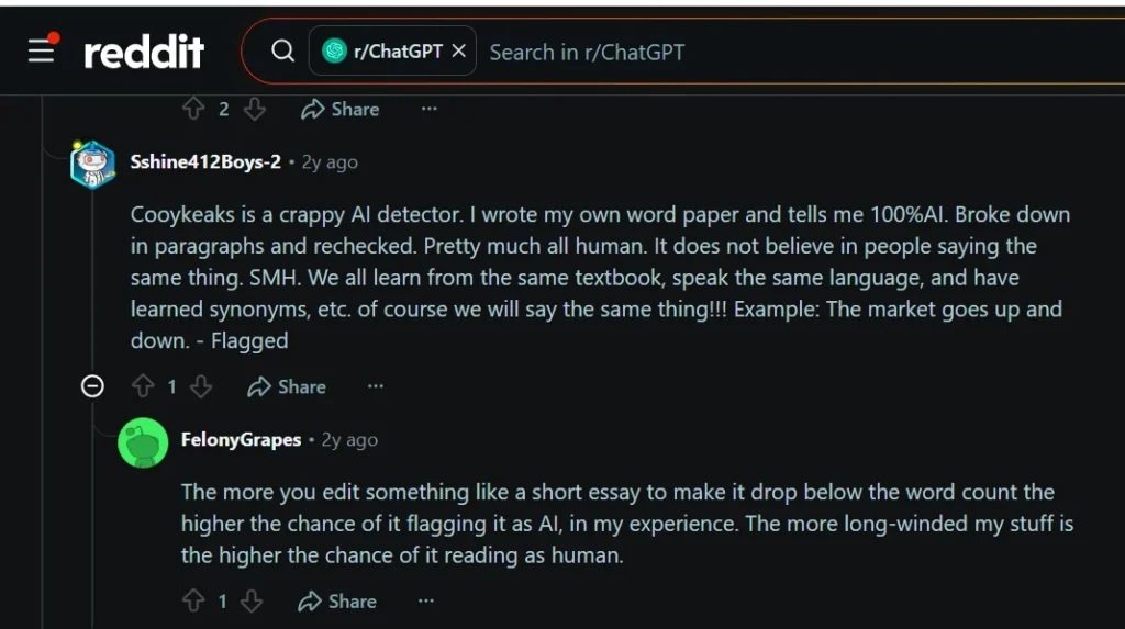 Reddit discussion in which a user claims Copyleaks labelled a self-written paper as 100 percent AI
