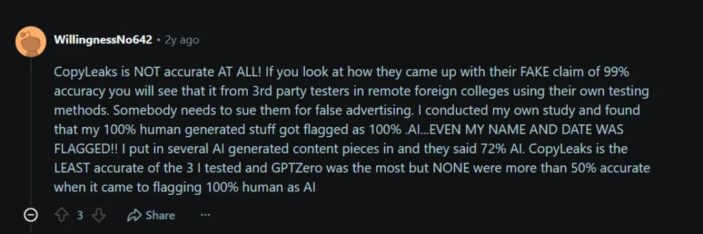 Reddit comment questioning Copyleaks accuracy after reportedly testing human and AI-generated samples