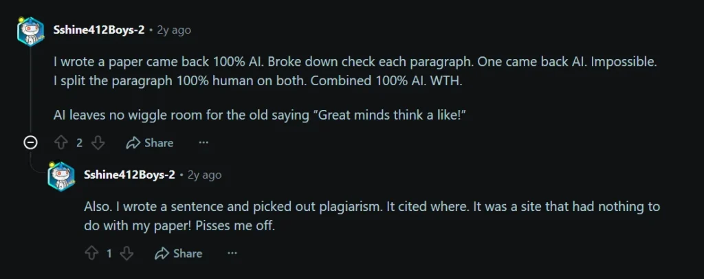 Reddit user claiming Copyleaks produced different AI results when the same writing was divided into separate paragraphs