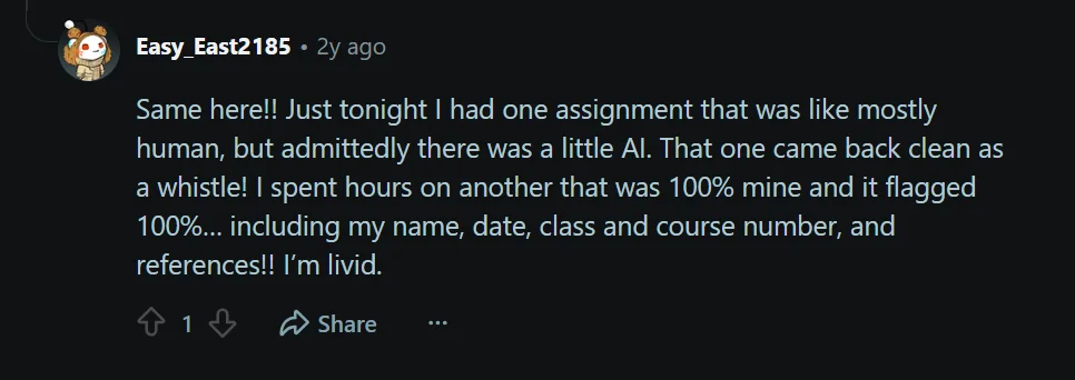 Reddit comment claiming Copyleaks flagged a human assignment while a partly AI-assisted assignment appeared human