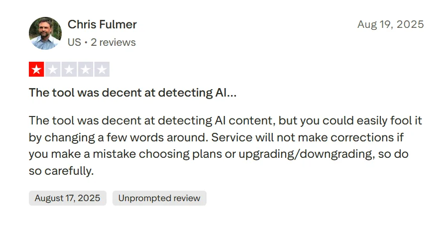 One-star Trustpilot review claiming small wording changes affected Copyleaks AI detection results