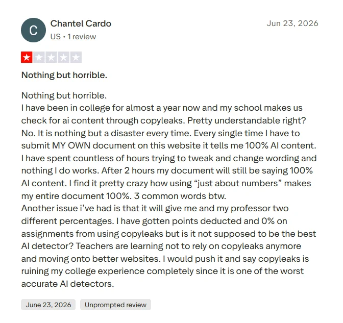 Detailed negative Trustpilot review claiming original college documents repeatedly received 100 percent AI scores