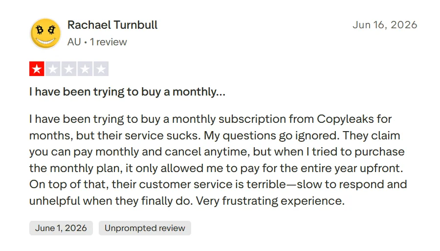 One-star Trustpilot review describing Copyleaks subscription purchasing and customer-service difficulties