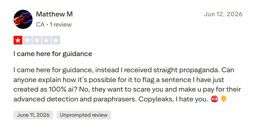 Trustpilot review questioning why Copyleaks classified a newly written sentence as 100 percent AI