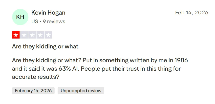 Trustpilot reviewer claiming writing created in 1986 was classified by Copyleaks as 63 percent AI