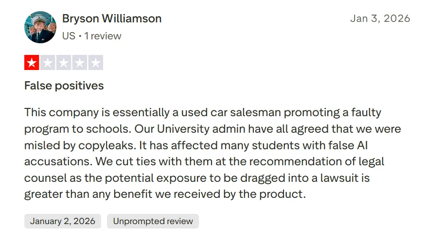 Negative Trustpilot review warning that Copyleaks false positives may lead to unfair academic accusations