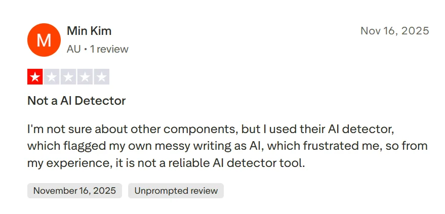 One-star review claiming Copyleaks flagged the reviewer’s informal human writing as AI-generated