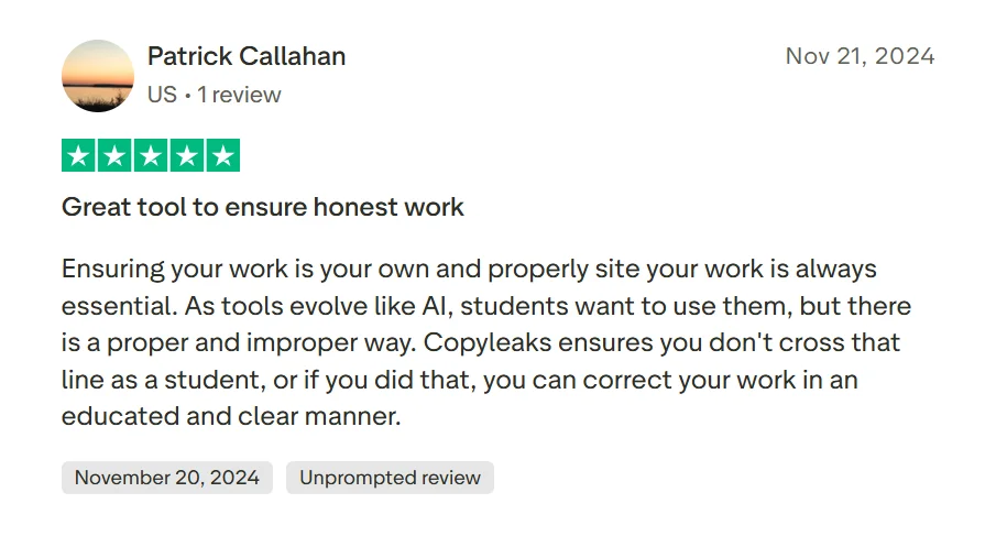Positive Copyleaks Trustpilot review describing the tool as helpful for checking honest academic work