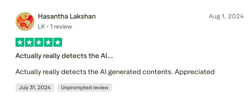 Positive Trustpilot review saying Copyleaks successfully detects AI-generated content