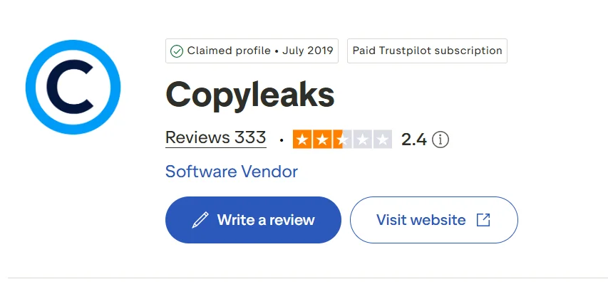 Copyleaks Trustpilot profile showing 333 reviews and an overall rating of 2.4 out of 5