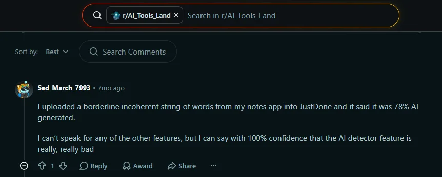 Reddit review saying JustDone marked incoherent personal notes as 78 percent AI-generated