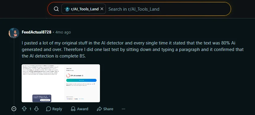 Reddit review saying original writing was repeatedly marked as 80 percent AI by JustDone