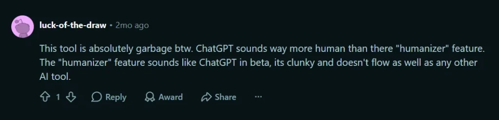 Reddit review criticizing JustDone humanizer and saying ChatGPT sounds more human