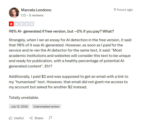 Trustpilot review claiming JustDone showed 98 percent AI in free version but mostly human after payment