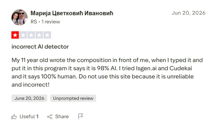Trustpilot review saying a child’s original composition was flagged as 98 percent AI by JustDone