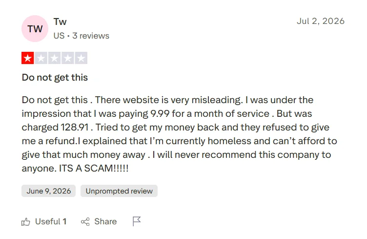 Trustpilot review claiming JustDone pricing was misleading and refund was refused