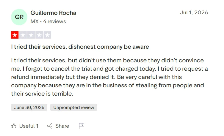 Trustpilot review complaining about a charge after trial cancellation issue and refund denial