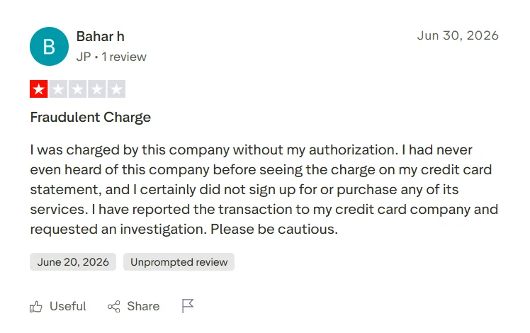 Trustpilot review alleging an unauthorized charge from JustDone