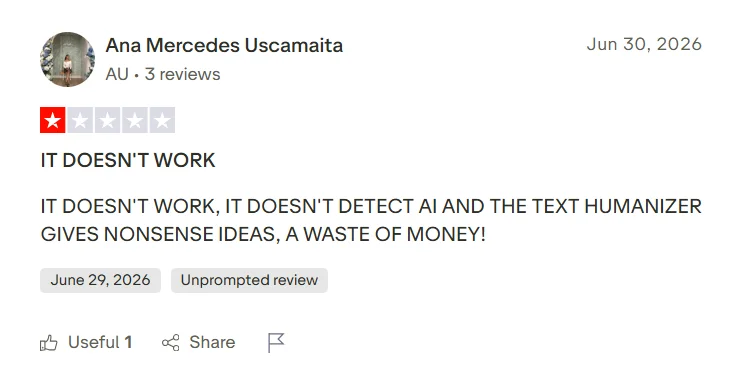 Trustpilot review saying JustDone AI detector does not work and the humanizer gives poor results