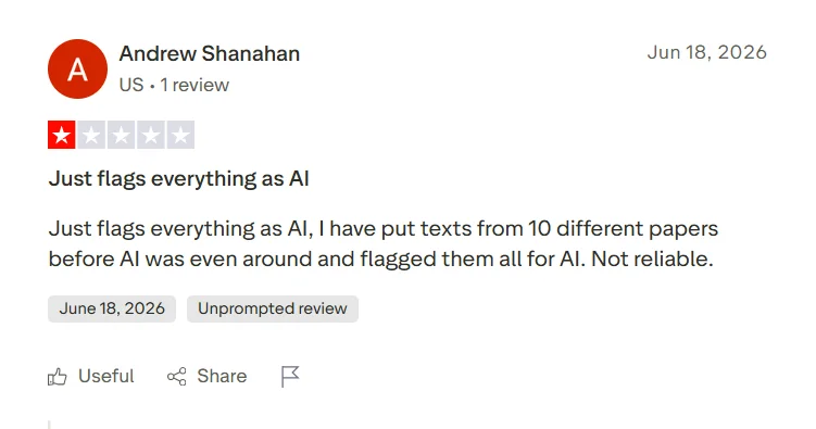 Trustpilot review complaining that JustDone flags many old papers as AI-generated