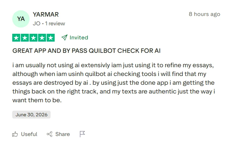 Positive Trustpilot review saying JustDone helped with essay AI checking compared with QuillBot