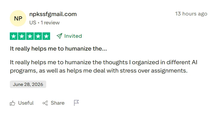 Positive Trustpilot review saying JustDone helped humanize thoughts and reduce assignment stress