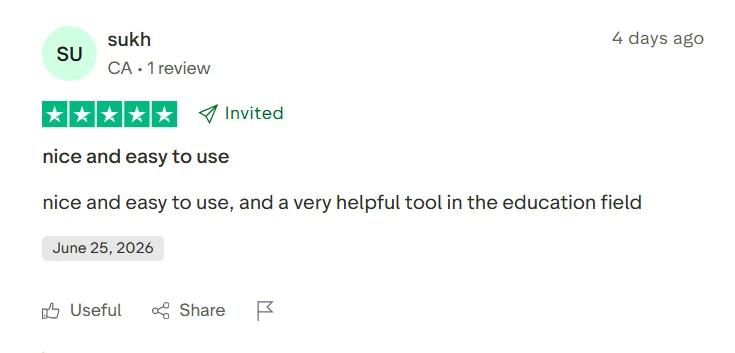 Positive Trustpilot review saying JustDone is nice and easy to use for education