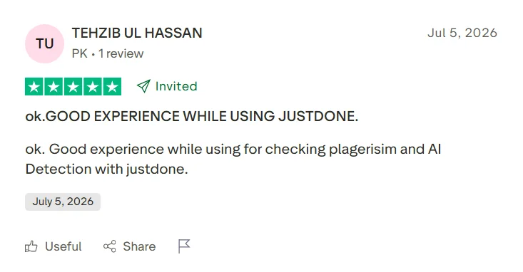 Positive Trustpilot review saying JustDone gave a good experience for plagiarism and AI detection