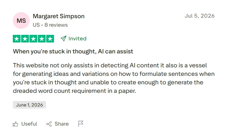 Positive Trustpilot review saying JustDone helps with ideas and sentence formulation when stuck