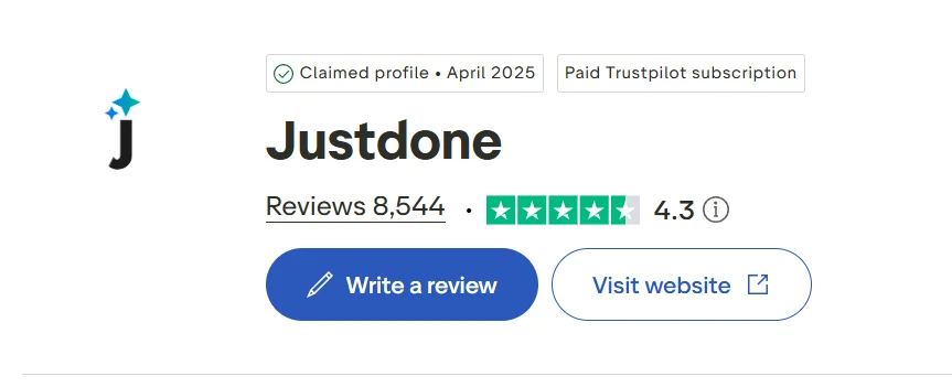 Trustpilot summary screenshot showing JustDone rating, claimed profile, paid Trustpilot subscription, and review count