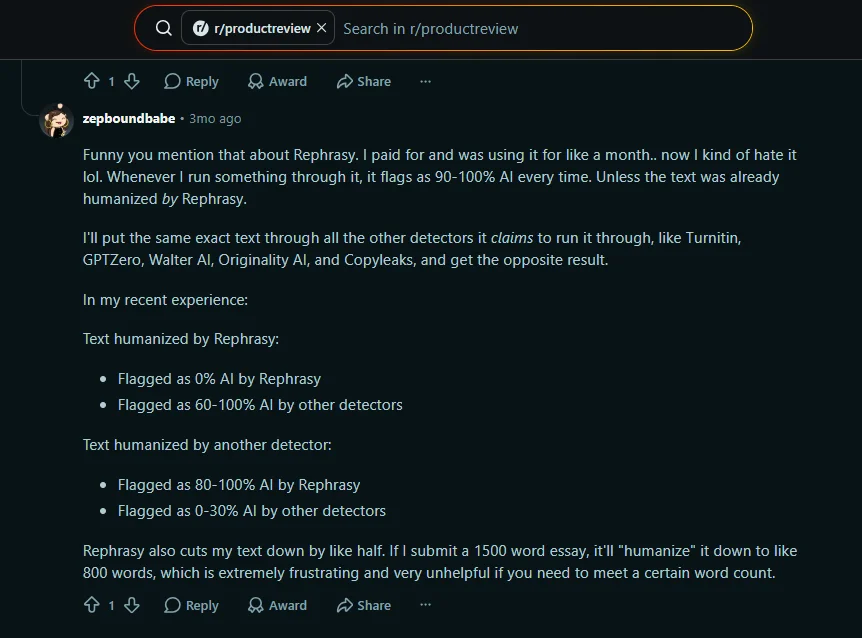 Reddit comment comparing Rephrasy with Originality AI, Turnitin, GPTZero, Copyleaks and other detectors and reporting conflicting AI scores.