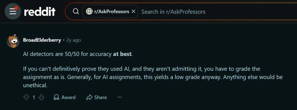 Reddit comment from an academic discussion warning that AI detector results should not be treated as definitive proof of misconduct.