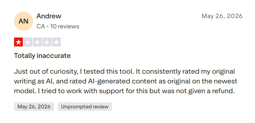 One-star Trustpilot review claiming Originality AI marked original writing as AI and AI-generated content as original.
