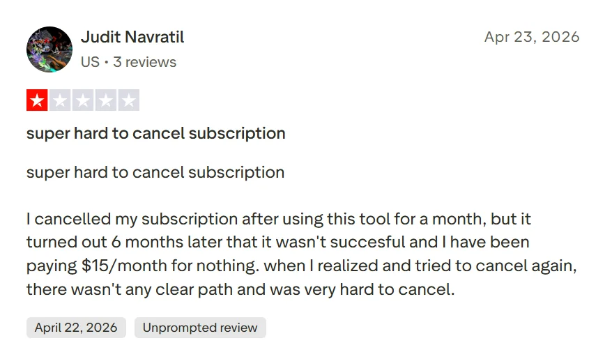 One-star Trustpilot review alleging difficulty cancelling an Originality AI subscription and continued monthly charges.