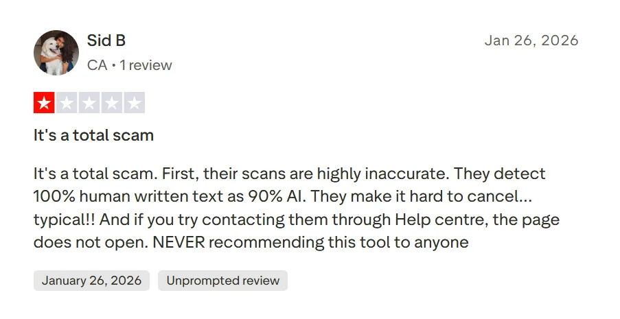 One-star Trustpilot review alleging false AI detection, subscription cancellation problems and difficulty accessing support.