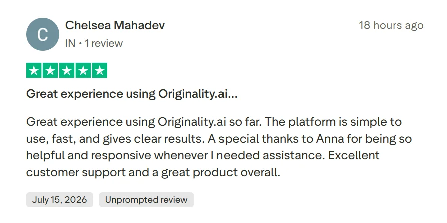 Five-star Trustpilot review praising Originality AI for its simple interface, fast results and responsive customer support.