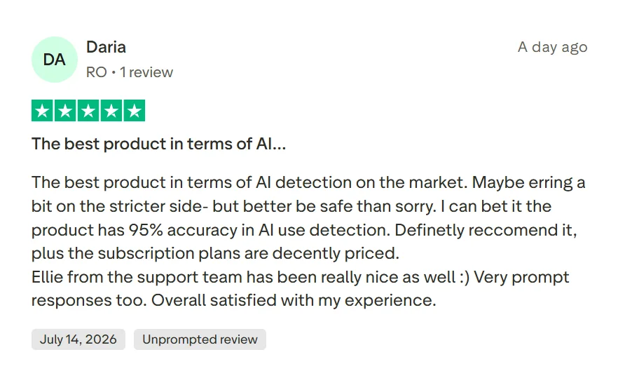 Five-star Trustpilot review calling Originality AI a strict AI detector and estimating 95% detection accuracy.