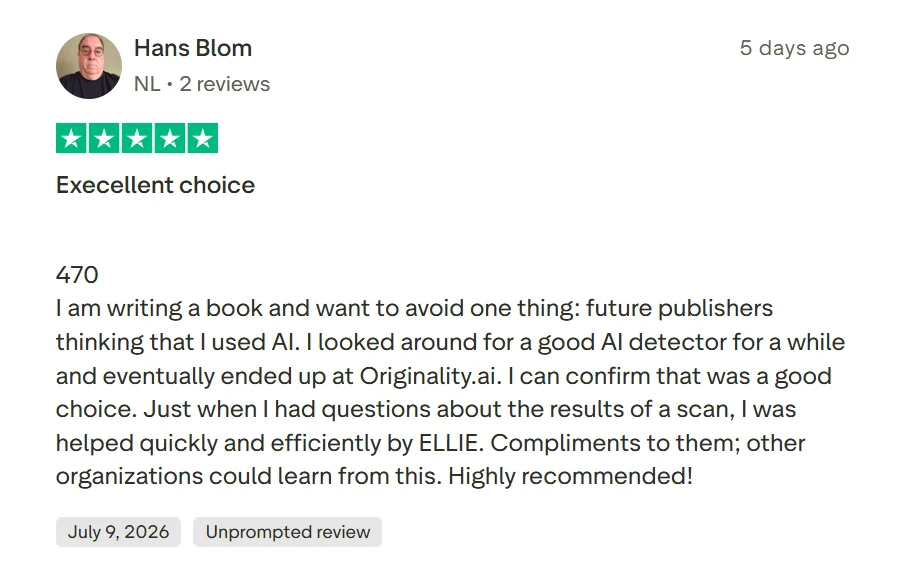 Five-star Trustpilot review from a book writer recommending Originality AI and praising its customer support.
